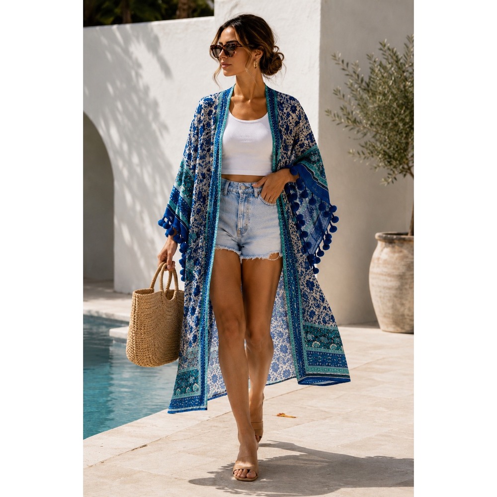Vince Camuto Blue Green Floral Paisley Tassel Trim Boho Kimono Duster Cover Up